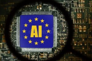 bandiera europea con simboli di intelligenza artificiale