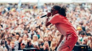 cantante sul palco di un grande festival