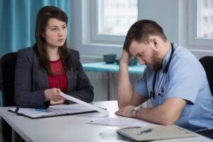 dipendente che parla con un medico in ufficio