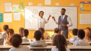 insegnante che spiega in aula luminosa