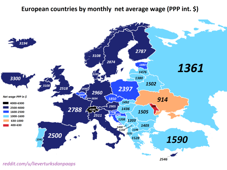 mappa colorata con salari medi europei