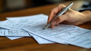 modulo fiscale con penna e tavolo di lavoro