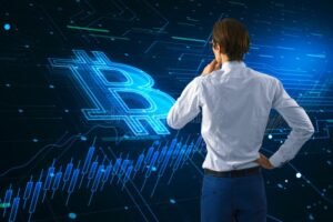 persona pensierosa con dati digitali fluttuanti