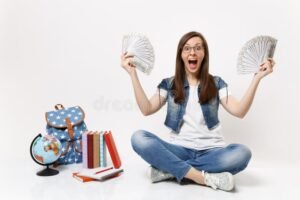 studente con libri e soldi in mano