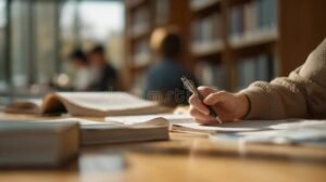 studente scrive con libri e appunti aperti